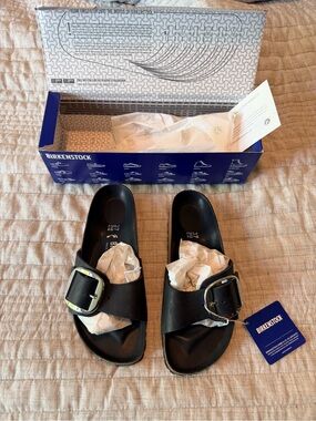 Birkenstock Black One-Strap Slide Sandals with Large Silver Buckle - Size 37